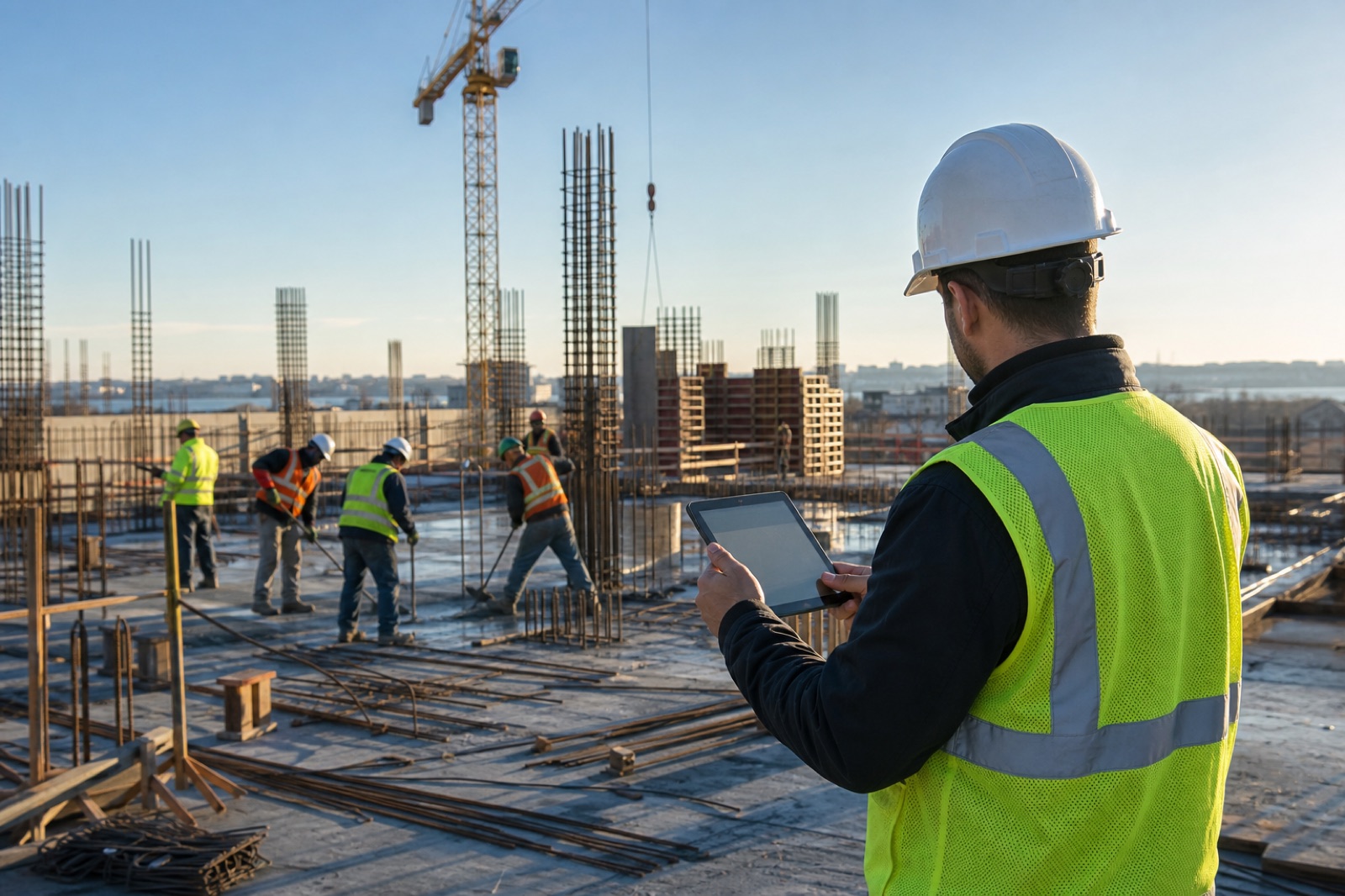 Site superintendent recording daily progress on an active concrete construction site
